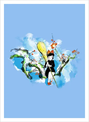 Sumi-e little witch - anime, movie, little witch, Kiki, movie, japan pop culture - Artprint