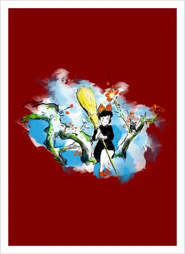 Sumi-e little witch - anime, movie, little witch, Kiki, movie, japan pop culture - Artprint