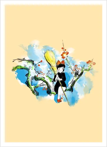 Sumi-e little witch - anime, movie, little witch, Kiki, movie, japan pop culture - Artprint