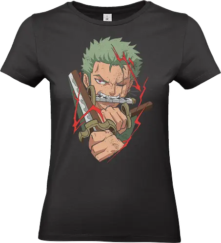 Roronoa Zoro: Three Sword Style - Roronoa Zoro, Pirate, Three Sword Style, Santōryū, anime, manga, swordsman, fan art, t-shirt design, art print, distressed graphic, cool anime art, geek art, Straw Hat Pirates, vintage, awesome - Standard T-Shirt (Women)