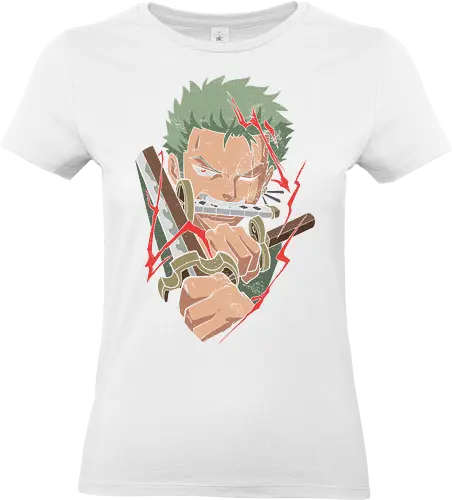 Roronoa Zoro: Three Sword Style - Roronoa Zoro, Pirate, Three Sword Style, Santōryū, anime, manga, swordsman, fan art, t-shirt design, art print, distressed graphic, cool anime art, geek art, Straw Hat Pirates, vintage, awesome - Standard T-Shirt (Women)