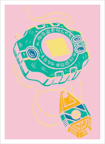 Distressed DigiVice - Digital, DigiVice, Digimon Adventure, 90s anime, retro anime, fan art, t-shirt design, art print, distressed graphic, pop culture, Crest of Courage, digital monster, geek art, nostalgic, Tai Kamiya - Artprint