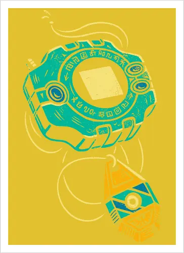 Distressed DigiVice - Digital, DigiVice, Digimon Adventure, 90s anime, retro anime, fan art, t-shirt design, art print, distressed graphic, pop culture, Crest of Courage, digital monster, geek art, nostalgic, Tai Kamiya - Artprint