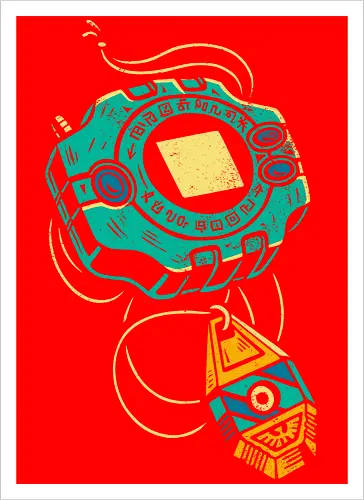 Distressed DigiVice - Digital, DigiVice, Digimon Adventure, 90s anime, retro anime, fan art, t-shirt design, art print, distressed graphic, pop culture, Crest of Courage, digital monster, geek art, nostalgic, Tai Kamiya - Artprint