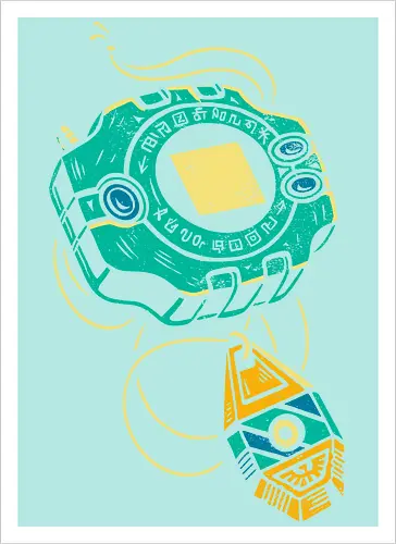 Distressed DigiVice - Digital, DigiVice, Digimon Adventure, 90s anime, retro anime, fan art, t-shirt design, art print, distressed graphic, pop culture, Crest of Courage, digital monster, geek art, nostalgic, Tai Kamiya - Artprint