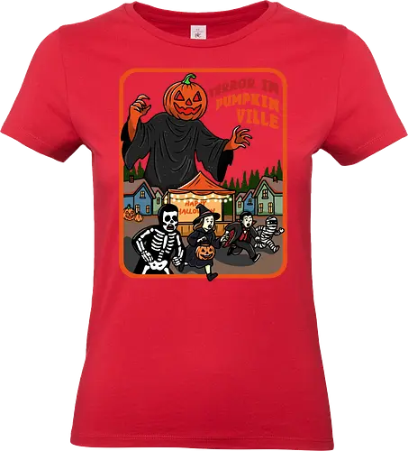 Terror in Pumpkinville - halloween terror, Halloween night, retro Halloween, vintage Halloween, pumpkin head, Halloween night, chaos, spooky season, trick or treat, creepy cute, skeleton - Standard T-Shirt (Women)