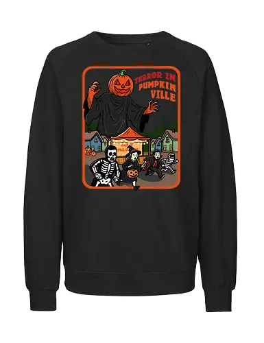 Terror in Pumpkinville - halloween terror, Halloween night, retro Halloween, vintage Halloween, pumpkin head, Halloween night, chaos, spooky season, trick or treat, creepy cute, skeleton - Fairtrade Sweatshirt
