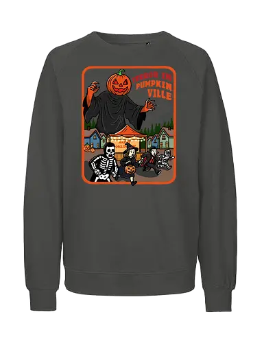 Terror in Pumpkinville - halloween terror, Halloween night, retro Halloween, vintage Halloween, pumpkin head, Halloween night, chaos, spooky season, trick or treat, creepy cute, skeleton - Fairtrade Sweatshirt