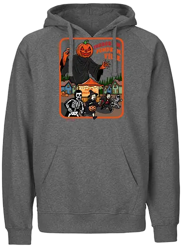 Terror in Pumpkinville - halloween terror, Halloween night, retro Halloween, vintage Halloween, pumpkin head, Halloween night, chaos, spooky season, trick or treat, creepy cute, skeleton - Fairtrade Hoodie