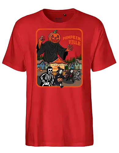 Terror in Pumpkinville - halloween terror, Halloween night, retro Halloween, vintage Halloween, pumpkin head, Halloween night, chaos, spooky season, trick or treat, creepy cute, skeleton - Fairtrade T-Shirt