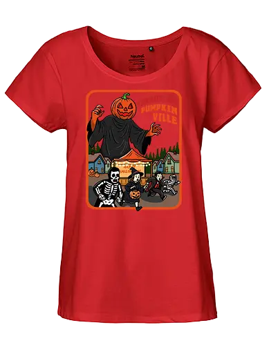 Terror in Pumpkinville - halloween terror, Halloween night, retro Halloween, vintage Halloween, pumpkin head, Halloween night, chaos, spooky season, trick or treat, creepy cute, skeleton - Fairtrade Girl Shirt