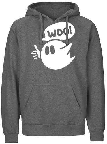 Woo Ghost - Ghost, spooky, minimal, minimalism, minimalistic, simple, boo, woo, friendly ghost, cute, sheet, thumbs up, positive vibes, halloween - Fairtrade Hoodie