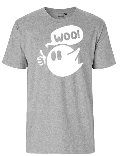 Woo Ghost - Ghost, spooky, minimal, minimalism, minimalistic, simple, boo, woo, friendly ghost, cute, sheet, thumbs up, positive vibes, halloween - Fairtrade T-Shirt
