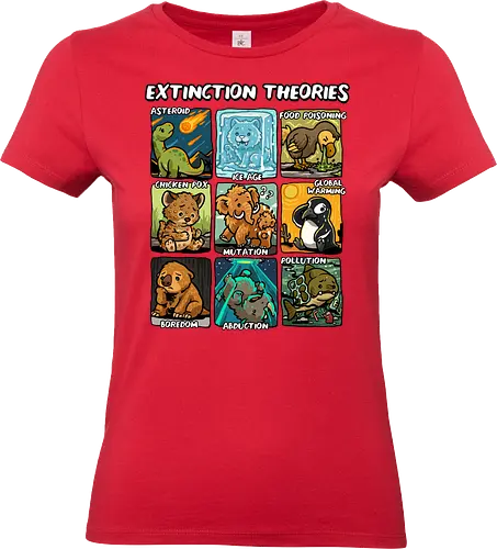 Extinction Theories - extinction, climate change, dinosaur, dodo, earth day, extinct, sabertooth tiger, save the planet, science, theory, thylacine, global warming, mammoth, paleontology, prehistoric - Standard T-Shirt (Women)