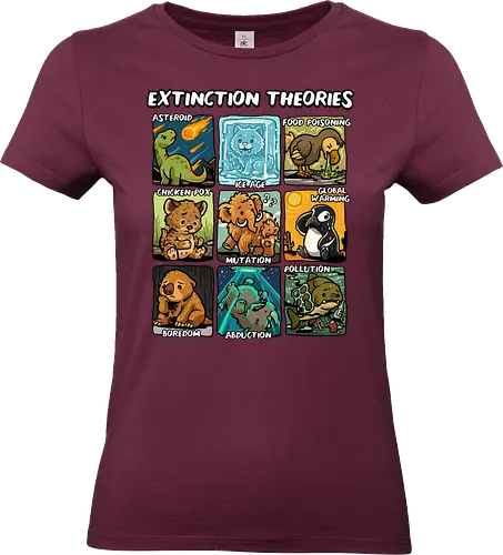 Extinction Theories - extinction, climate change, dinosaur, dodo, earth day, extinct, sabertooth tiger, save the planet, science, theory, thylacine, global warming, mammoth, paleontology, prehistoric - Standard T-Shirt (Women)