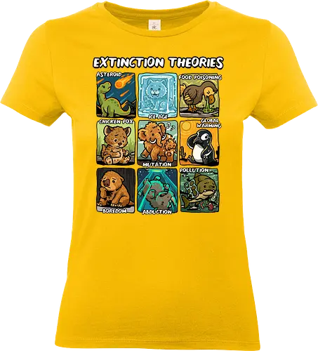 Extinction Theories - extinction, climate change, dinosaur, dodo, earth day, extinct, sabertooth tiger, save the planet, science, theory, thylacine, global warming, mammoth, paleontology, prehistoric - Standard T-Shirt (Women)