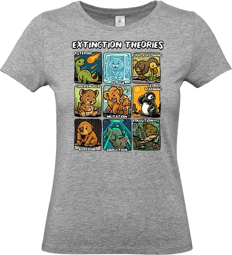 Extinction Theories - extinction, climate change, dinosaur, dodo, earth day, extinct, sabertooth tiger, save the planet, science, theory, thylacine, global warming, mammoth, paleontology, prehistoric - Standard T-Shirt (Women)