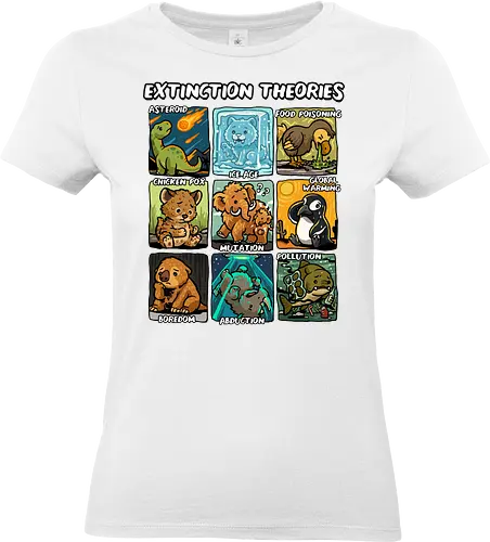 Extinction Theories - extinction, climate change, dinosaur, dodo, earth day, extinct, sabertooth tiger, save the planet, science, theory, thylacine, global warming, mammoth, paleontology, prehistoric - Standard T-Shirt (Women)