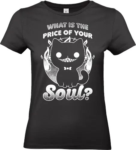 Cat Buys Souls - Creepy Demon Pet - Cat, Black, Black Cat, Demon, Devil, Creepy, Fluffy, Pet, Sarcasm, Joke, Evil, Fire, Sinister, Soul - Standard T-Shirt (Women)
