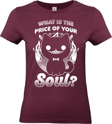 Cat Buys Souls - Creepy Demon Pet - Cat, Black, Black Cat, Demon, Devil, Creepy, Fluffy, Pet, Sarcasm, Joke, Evil, Fire, Sinister, Soul - Standard T-Shirt (Women)