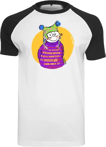 Die meisten Menschen werden im Alter wunderlich... - Ringelpullisprüche, Ringeldinger, streifenweise, Spruch, Weisheit, Motivation, Ringelpulli, SprücheShirt, Cartoon Illustration, Alter. Statement, Handgezeichnet, Humor, Selbstironie, Streifenpulli, Spruchshirt, deutsch - Raglan T-Shirt