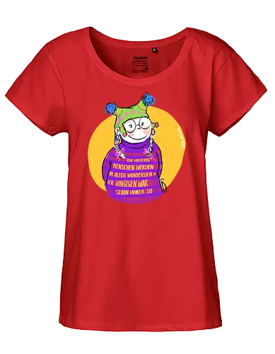 Die meisten Menschen werden im Alter wunderlich... - Ringelpullisprüche, Ringeldinger, streifenweise, Spruch, Weisheit, Motivation, Ringelpulli, SprücheShirt, Cartoon Illustration, Alter. Statement, Handgezeichnet, Humor, Selbstironie, Streifenpulli, Spruchshirt, deutsch - Fairtrade Girl Shirt