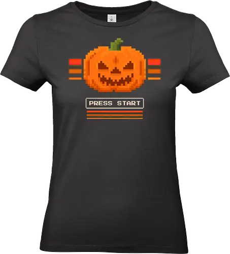 Pixel Pumpkin Press Start Retro Halloween - halloween, 8bit, arcade, fall, gamer, geek, jack o lantern, nostalgic, pixel art, press start, pumpkin, retro, spooky, video game, vintage - Standard T-Shirt (Women)