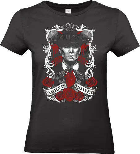 Family Is Power - Thomas Shelby, Peaky Blinders, Family Is Power, TV series, gangster, retro graphic, flat cap, fan art, t-shirt design, art print, cool graphic, vintage gangster, Cillian Murphy, Tommy Shelby, dramatic, rose, skull - Standard T-Shirt (Women)