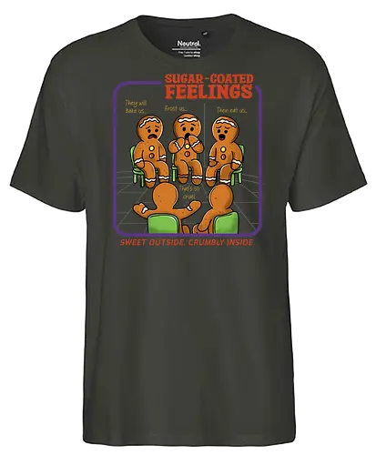 Sugar Coated Feelings  - gingerbread, gingerbread man, sugar coated, feelings, cookies, merry Christmas, xmas, Christmas, retro Christmas, vintage Christmas, funny, winter season, horror Christmas - Fairtrade T-Shirt