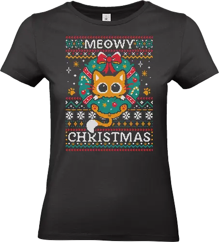 Meowy Christmas Cat - cat, animal puns, winter, purrfect, happy, christmas, kitten, ugly sweater, holiday, cute cat, festive, xmas, funny cat, cozy - Standard T-Shirt (Women)
