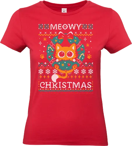 Meowy Christmas Cat - cat, animal puns, winter, purrfect, happy, christmas, kitten, ugly sweater, holiday, cute cat, festive, xmas, funny cat, cozy - Standard T-Shirt (Women)