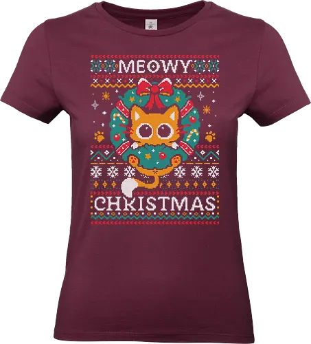 Meowy Christmas Cat - cat, animal puns, winter, purrfect, happy, christmas, kitten, ugly sweater, holiday, cute cat, festive, xmas, funny cat, cozy - Standard T-Shirt (Women)