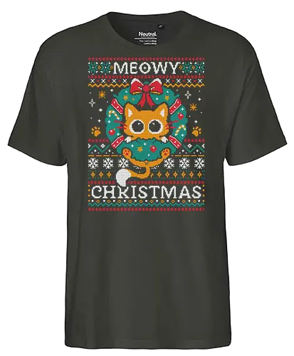 Meowy Christmas Cat - cat, animal puns, winter, purrfect, happy, christmas, kitten, ugly sweater, holiday, cute cat, festive, xmas, funny cat, cozy - Fairtrade T-Shirt