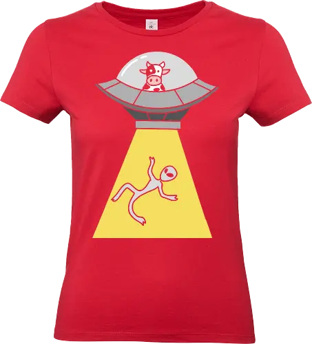 Revenge of the Cow - Cow abduction, funny UFO, alien abduction, cow pilot, sci-fi humor, conspiracy theory, animal revenge, funny graphic, t-shirt design, art print, minimalist, quirky humor, space cow, geek art. - Standard T-Shirt (Women)
