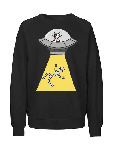 Revenge of the Cow - Cow abduction, funny UFO, alien abduction, cow pilot, sci-fi humor, conspiracy theory, animal revenge, funny graphic, t-shirt design, art print, minimalist, quirky humor, space cow, geek art. - Fairtrade Sweatshirt