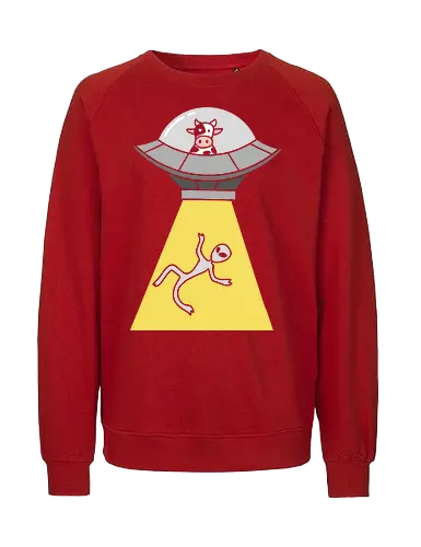 Revenge of the Cow - Cow abduction, funny UFO, alien abduction, cow pilot, sci-fi humor, conspiracy theory, animal revenge, funny graphic, t-shirt design, art print, minimalist, quirky humor, space cow, geek art. - Fairtrade Sweatshirt