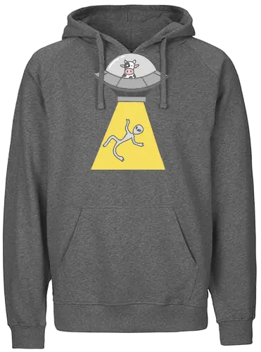 Revenge of the Cow - Cow abduction, funny UFO, alien abduction, cow pilot, sci-fi humor, conspiracy theory, animal revenge, funny graphic, t-shirt design, art print, minimalist, quirky humor, space cow, geek art. - Fairtrade Hoodie