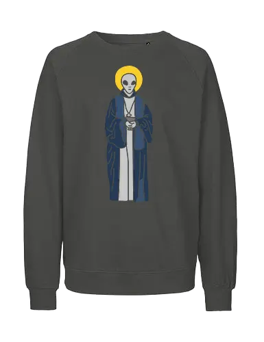 Our Alien Lady of Guadalupe - Alien saint, Grey Alien, religious art, sci-fi, conspiracy theory, alien monk, t-shirt design, unconventional art, faith, extraterrestrial, mysterious., art print, minimalist, pop culture, unique graphic - Fairtrade Sweatshirt
