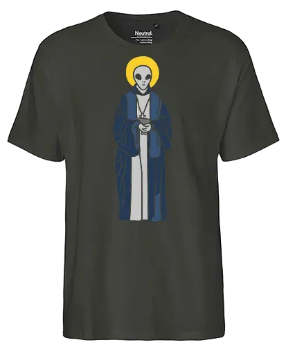 Our Alien Lady of Guadalupe - Alien saint, Grey Alien, religious art, sci-fi, conspiracy theory, alien monk, t-shirt design, unconventional art, faith, extraterrestrial, mysterious., art print, minimalist, pop culture, unique graphic - Fairtrade T-Shirt