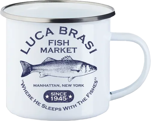 Luca Brasi Fish Market - Since 1945  - retro, vintage, vito corleone, 70s movies, classic movies, movie, the godfather, 70s, coppola, corleone, cult classic, cult movies, film, gangster, mafia - Enamel Mug