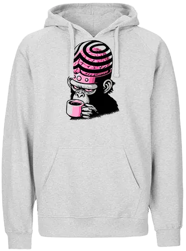Mad Monkey Coffee Break - funny, humor, coffee, caffeine, monkey, brain, pop art, retro, vintage, cartoon, sarcastic, witty, cool design, gift idea, caffeine addict, morning coffee, geek art, coffee lover, tired but smart, ironic, weird art, bold illustration, pink aesthetic, streetwear, trendy, mad monkey, caffeine fuel, funny animal art, smart ape - Fairtrade Hoodie