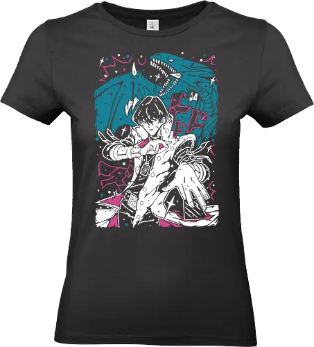  Kaiba and the Blue-Eyes Terror - Seto Kaiba, Blue-Eyes White Dragon, Yu-Gi-Oh, Yugioh, TCG, anime, fan art, t-shirt design, art print, cool anime art, geek art, iconic rivalry, nostalgic, KaibaCorp, Duel Monsters, teal and pink. - Standard T-Shirt (Women)
