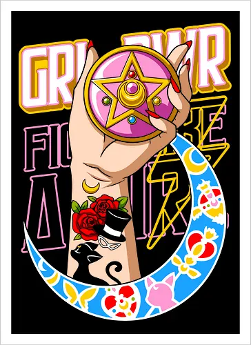  Moon Power Girl Boss - Sailor, Girl Power, GRR PWR, magical girl, anime, manga, fan art, t-shirt design, art print, neo-traditional tattoo, aesthetic, pink compact, crescent moon, empowering, nostalgic, cool anime girl. - Artprint