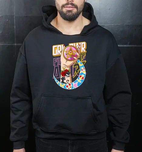  Moon Power Girl Boss - Sailor, Girl Power, GRR PWR, magical girl, anime, manga, fan art, t-shirt design, art print, neo-traditional tattoo, aesthetic, pink compact, crescent moon, empowering, nostalgic, cool anime girl. - Cropped Hoodie