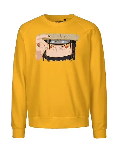  Itachi Uchiha: Sharingan Stare - geek art, intense gaze, ninja, villain, iconic anime, Itachi Uchiha, Sharingan, Mangekyō Sharingan, Akatsuki, Shinobi, Uchiha, fan art, t-shirt design, art print, cool anime art - Fairtrade Sweatshirt