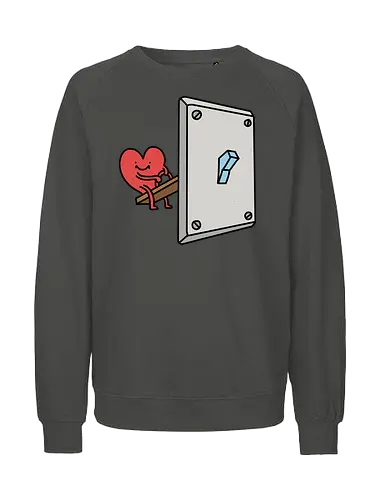 Turning Love On - Love switch, turning on love, heart cartoon, funny relationship, emotional effort, commitment, light switch, whimsical, quirky humor, t-shirt design, art print, minimalist, love graphic, sweet, expressive - Fairtrade Sweatshirt