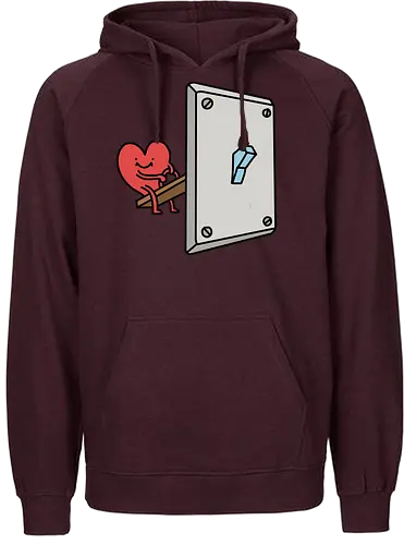 Turning Love On - Love switch, turning on love, heart cartoon, funny relationship, emotional effort, commitment, light switch, whimsical, quirky humor, t-shirt design, art print, minimalist, love graphic, sweet, expressive - Fairtrade Hoodie
