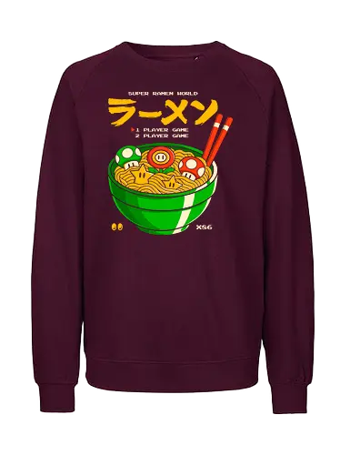Super Ramen World - super ramen world, geek ramen, geek art, gamer art, japanese art, mario parody, geek illustration, ramen bowl, pop culture, retro illustration, pixel art, fun design, gamer shirt, noodle art, power-up ramen - Fairtrade Sweatshirt