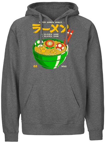 Super Ramen World - super ramen world, geek ramen, geek art, gamer art, japanese art, mario parody, geek illustration, ramen bowl, pop culture, retro illustration, pixel art, fun design, gamer shirt, noodle art, power-up ramen - Fairtrade Hoodie