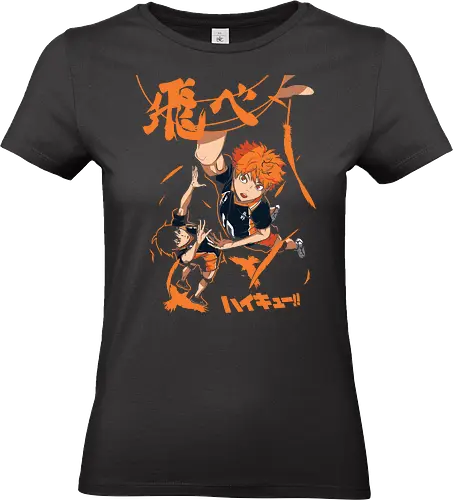  Fly High: Karasuno's Duo - Karasuno, Shoyo Hinata, Kageyama Tobio, Karasuno, volleyball, sports anime, fly high, Tobe, anime, manga, fan art, t-shirt design, art print, cool anime art, geek art, iconic duo, spike. - Standard T-Shirt (Women)